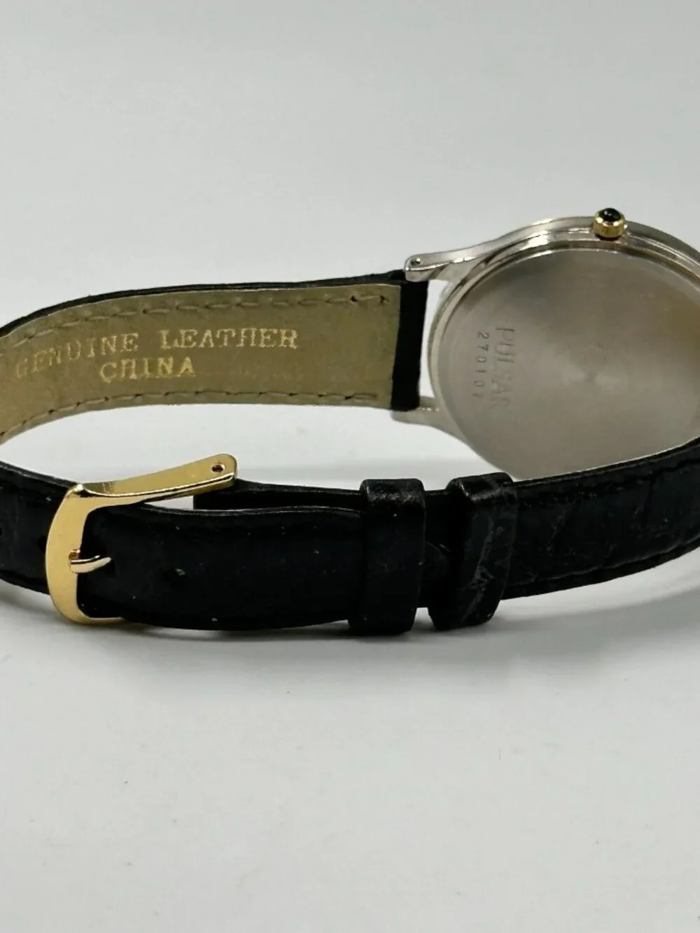 Vintage Pulsar Watch Men Gold Tone Ore Ida Logo Black Leather Band